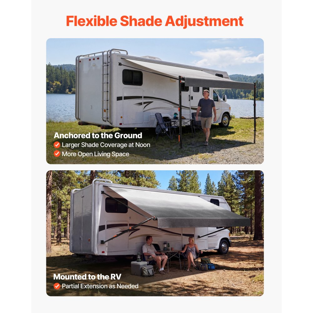 VEVOR Manual RV Awning Complete Kit, 14.12FT Retractable RV Awning with Aluminum Alloy Frame & Waterproof PVC Fabric, Outdoor Camping Trailer Awnings Fit Most RVs (14FT Type, Gradient Black)
