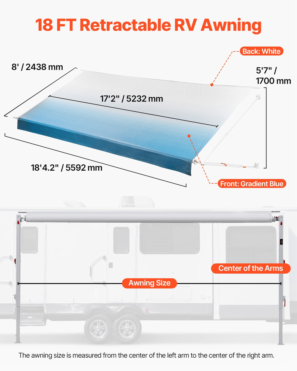 VEVOR Manual RV Awning Complete Kit, 18.12FT Retractable RV Awning with Aluminum Alloy Frame & Waterproof PVC Fabric, Outdoor Camping Trailer Awnings Fit Most RVs (18FT Type, Gradient Blue)