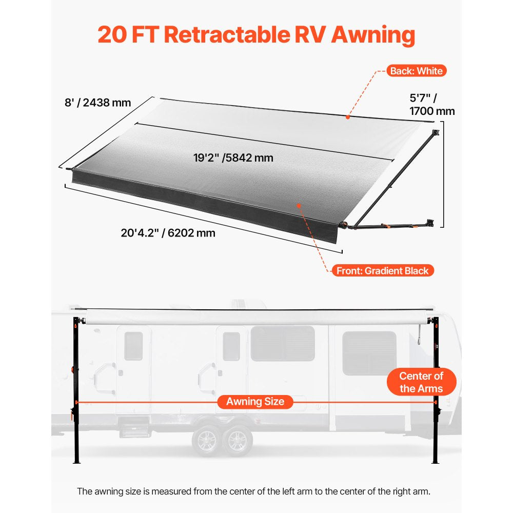 VEVOR Manual RV Awning Complete Kit, 20.12FT Retractable RV Awning with Aluminum Alloy Frame & Waterproof PVC Fabric, Outdoor Camping Trailer Awnings Fit Most RVs (20FT Type, Gradient Black)