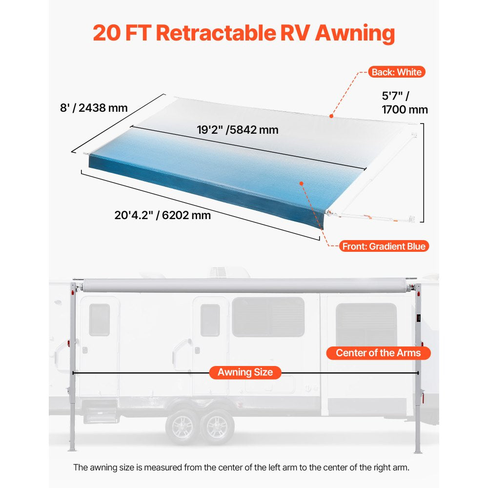 VEVOR Manual RV Awning Complete Kit, 20.12FT Retractable RV Awning with Aluminum Alloy Frame & Waterproof PVC Fabric, Outdoor Camping Trailer Awnings Fit Most RVs (20FT Type, Gradient Blue)