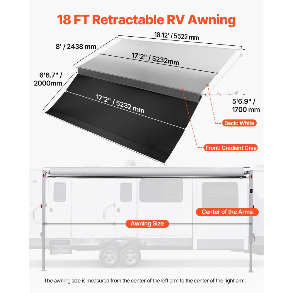VEVOR Manual RV Awning Complete Kit & Sunshade Screen, 18.12FT Retractable RV Awning with Aluminum Alloy Frame & Waterproof Fabric, Outdoor Camping Trailer Awnings Fit Most RVs (18FT Type)