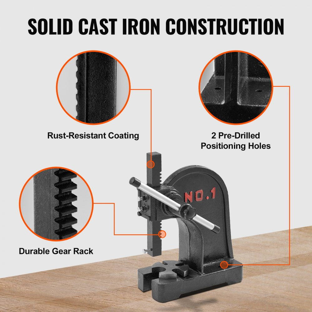 VEVOR Arbor Press, 1 Ton Manual Arbor Press, 5.9" Maximum Height, Cast Iron Heavy-duty Manual Desktop Arbor Press, Precision Hand Press for Stamping, Bending, Stretching, Forming