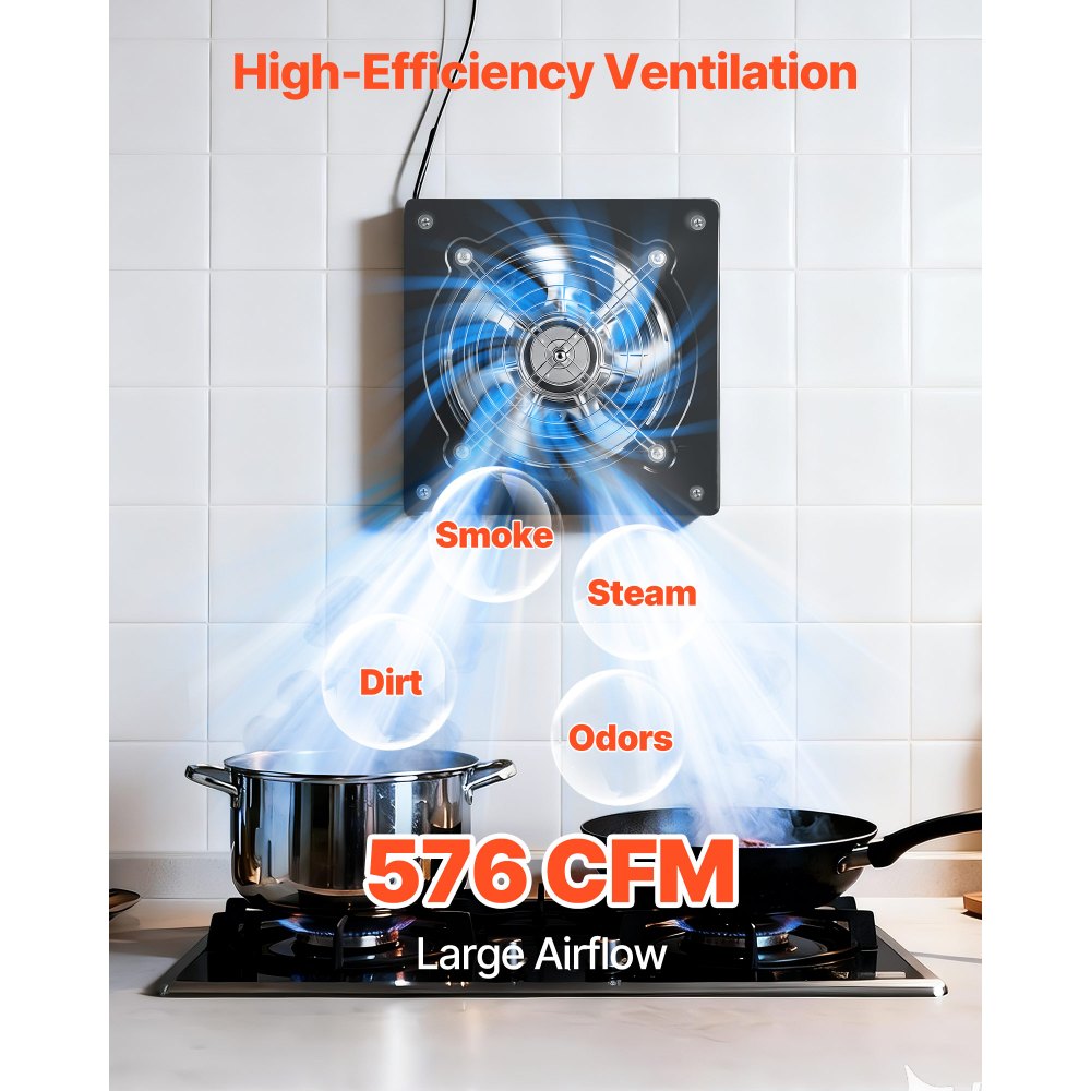 VEVOR 8 Inch Exhaust Fan, 576 CFM High Velocity Wall Mount Vent Fan with On/Off Control, Low Consumption, Portable Ventilation Extractor for Attic,Garage,Basement,Workshop,Kitchen, Chicken Coop,Black