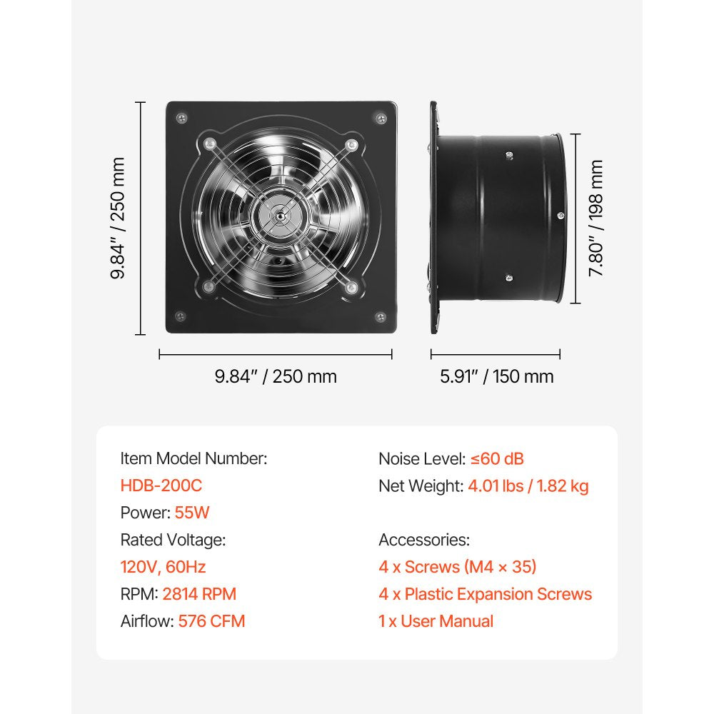 VEVOR 8 Inch Exhaust Fan, 576 CFM High Velocity Wall Mount Vent Fan with On/Off Control, Low Consumption, Portable Ventilation Extractor for Attic,Garage,Basement,Workshop,Kitchen, Chicken Coop,Black