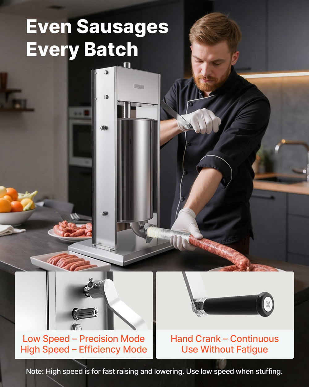 VEVOR Manual Sausage Stuffer, 33 LBS / 15 L Vertical Meat Stuffer, Heavy Duty Sausage Casing Meat Stuffing Machine, Dual-Speed Stainless Steel Filler with 5 Filling Tubes, for Commercial and Home Use