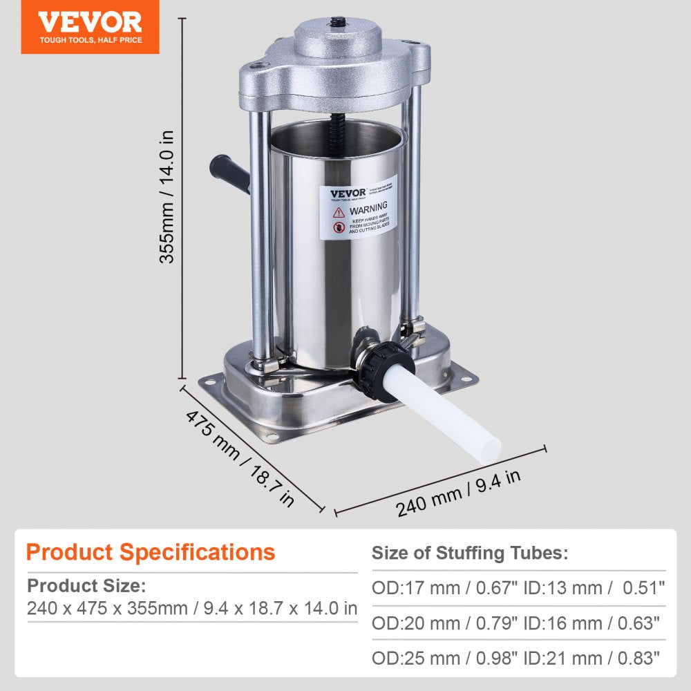 VEVOR Manual Sausage Stuffer, 2 L / 5 LBS Vertical Sausage Machine with G-type Clamp, Food-Grade 304 Stainless Steel Barrel with 2 Stuffing Tubes, for Home Kitchen Restaurant Commercial