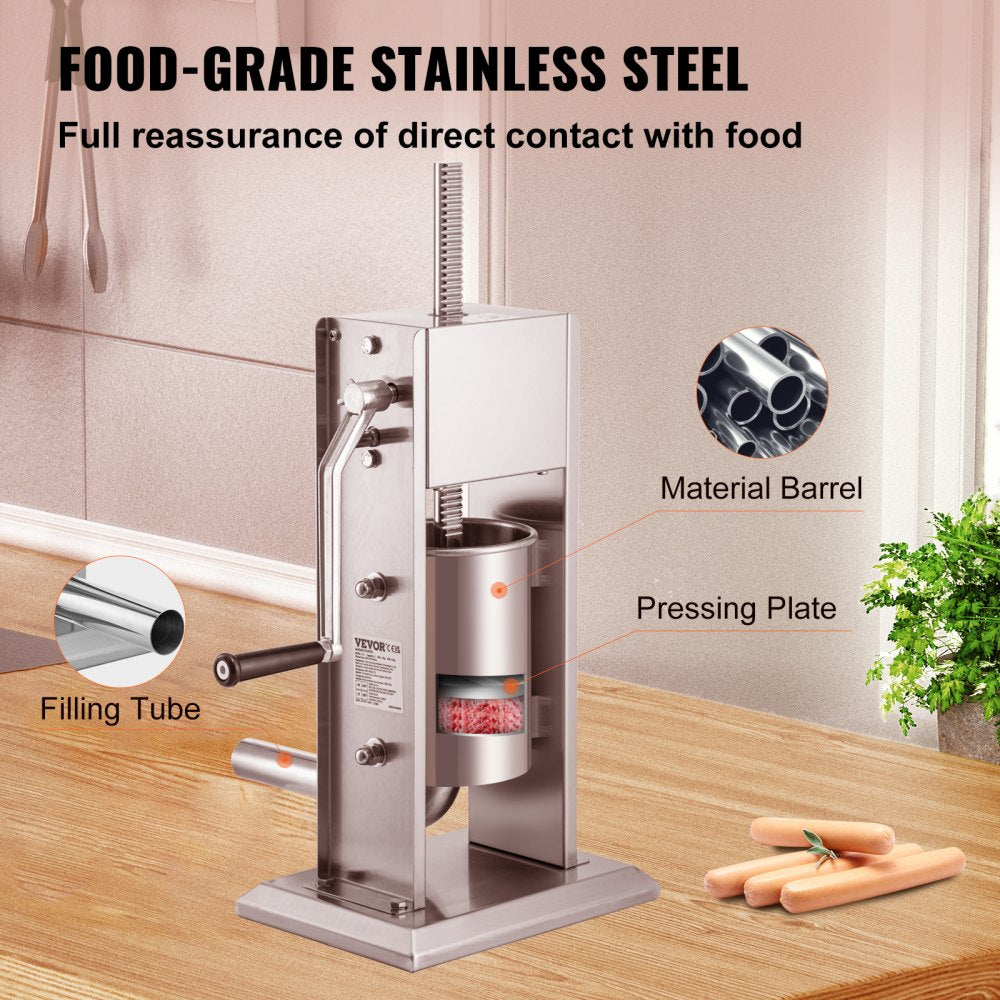 VEVOR Manual Sausage Stuffer, 5LBS/3L Capacity, Two Speed 304 Stainless Steel Vertical Sausage Stuffer, Sausage Filling Machine with 4 Stuffing Tubes, Suction Base for Household or Commercial Use