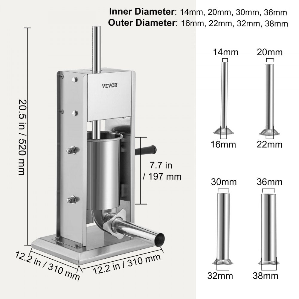 VEVOR Manual Sausage Stuffer, 5LBS/3L Capacity, Two Speed 304 Stainless Steel Vertical Sausage Stuffer, Sausage Filling Machine with 4 Stuffing Tubes, Suction Base for Household or Commercial Use