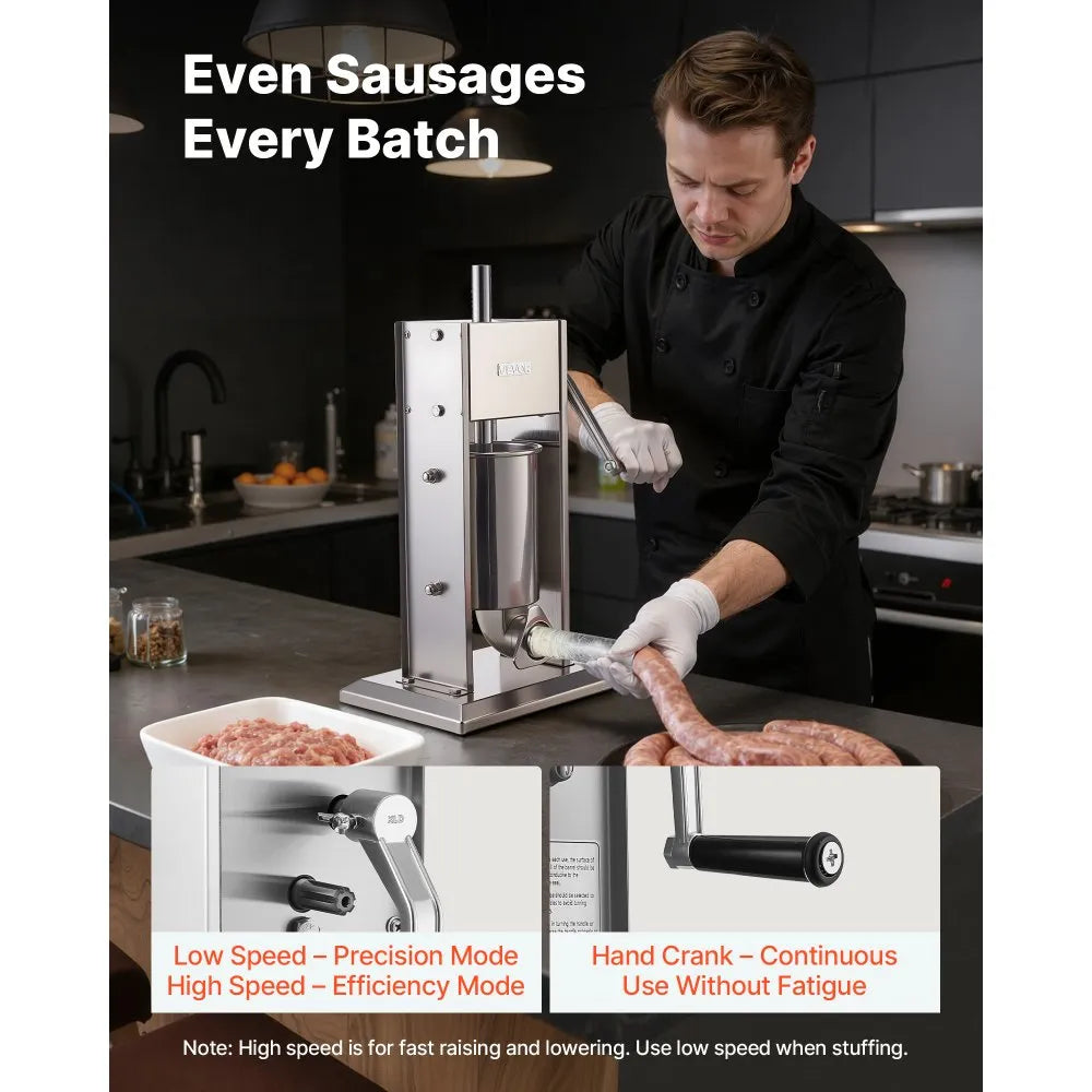 VEVOR Manual Sausage Stuffer, 7 LBS / 3 L Vertical Meat Stuffer, Heavy Duty Sausage Casing Meat Stuffing Machine, Dual-Speed Stainless Steel Filler with 5 Filling Tubes, for Commercial and Home Use