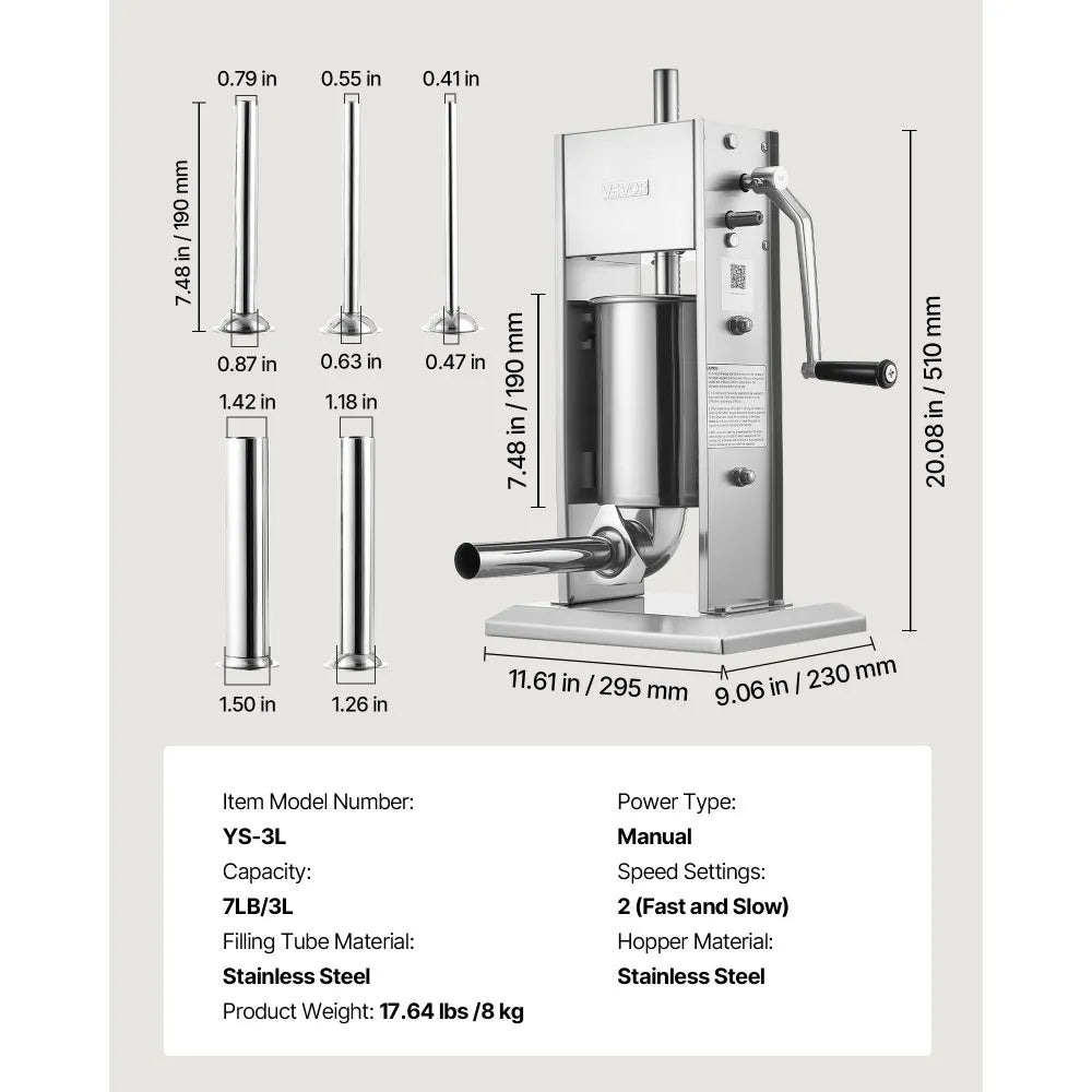 VEVOR Manual Sausage Stuffer, 7 LBS / 3 L Vertical Meat Stuffer, Heavy Duty Sausage Casing Meat Stuffing Machine, Dual-Speed Stainless Steel Filler with 5 Filling Tubes, for Commercial and Home Use