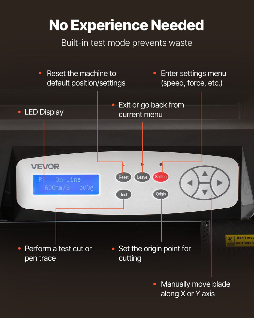 VEVOR vinyl cutter control panel with LED display and built-in test mode