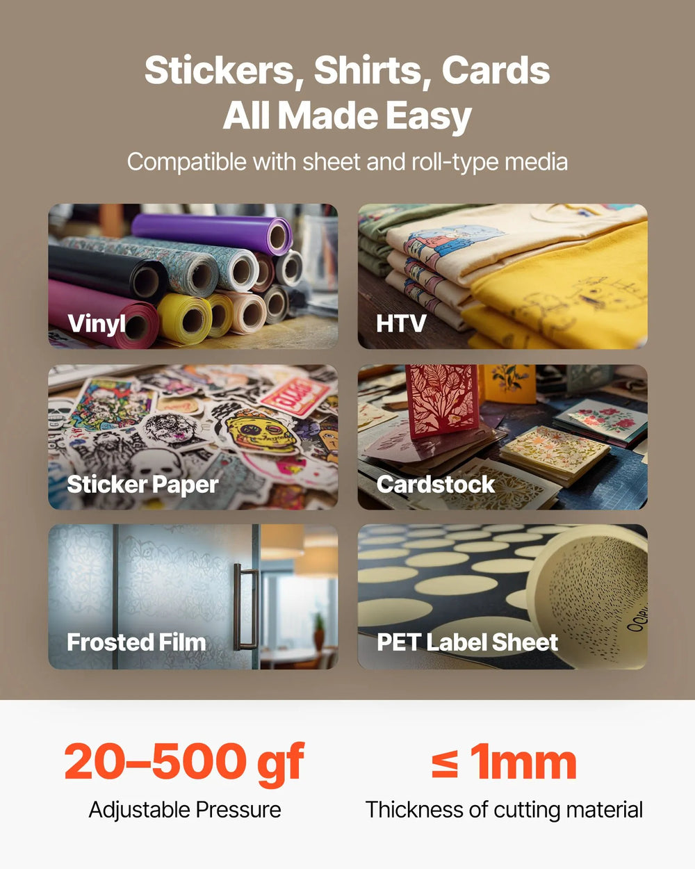 VEVOR vinyl cutter material compatibility and adjustable pressure range (20-500 gf)