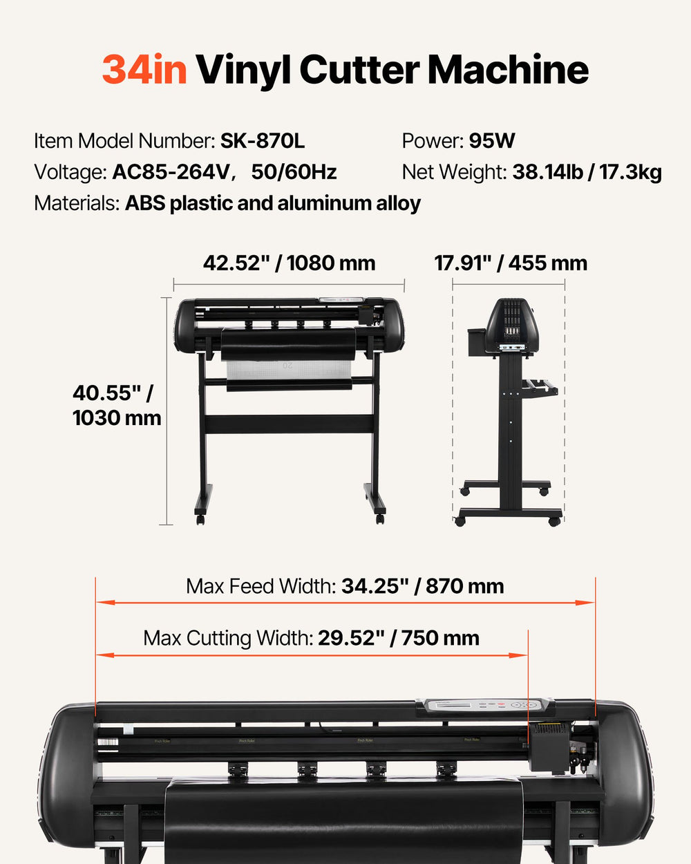 VEVOR 34-inch vinyl cutter machine dimensions and key specs infographic