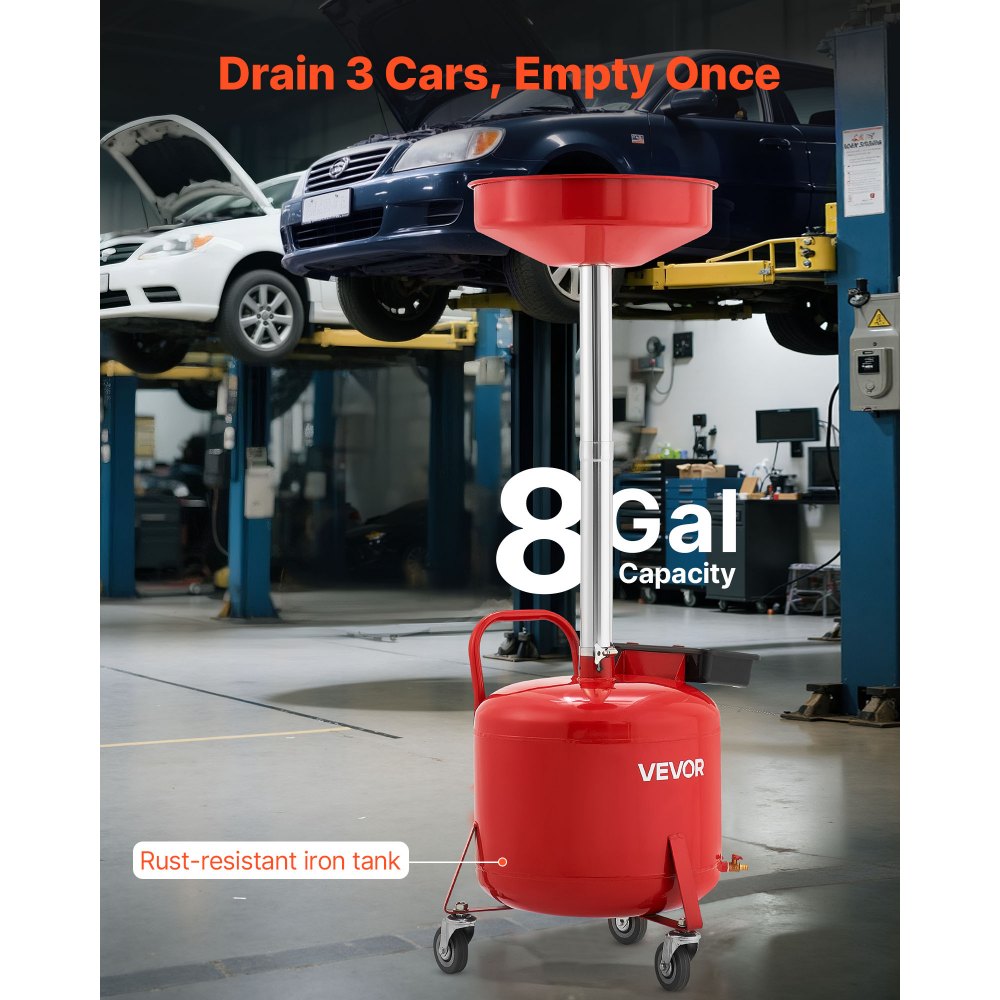 VEVOR 8 Gallon Waste Oil Drain Tank, Industrial Fluid Drain Tank with Adjustable Funnel Height, Portable Oil Drainer with Wheels & Toolbox, Fluid Fuel Transfer Drainage for Auto Repair Shops, Red