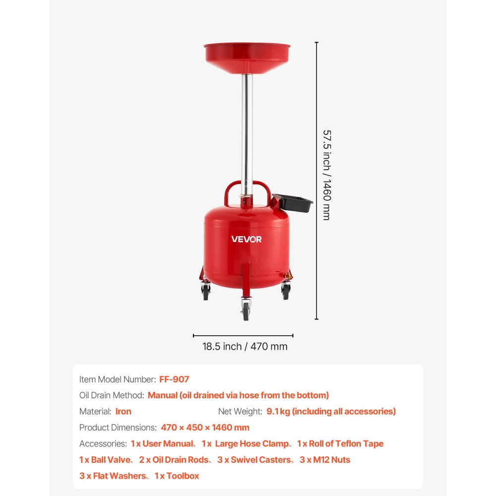 VEVOR 8 Gallon Waste Oil Drain Tank, Industrial Fluid Drain Tank with Adjustable Funnel Height, Portable Oil Drainer with Wheels & Toolbox, Fluid Fuel Transfer Drainage for Auto Repair Shops, Red