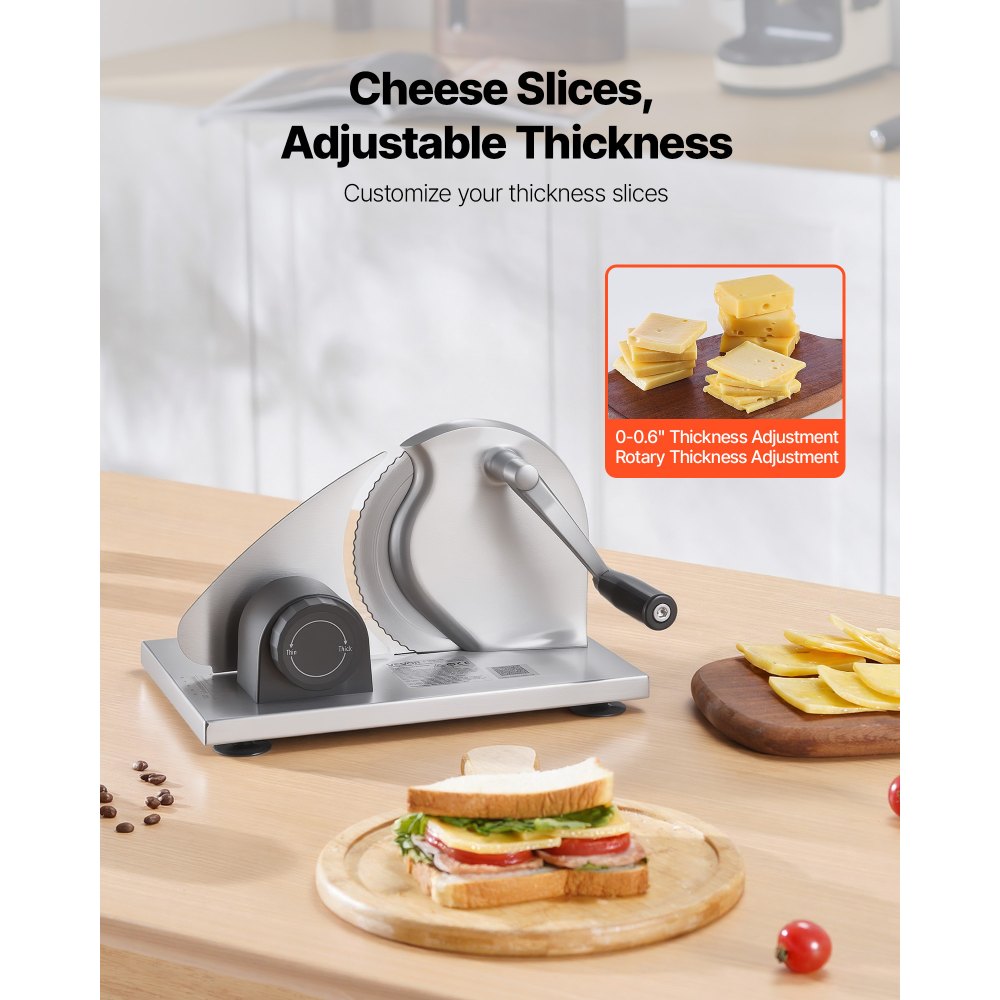 VEVOR Manual Bread Slicer, 0-0.6" Adjustable Thickness Cheese Cutter, Hand Cranked Slicer for Homemade Bread - with Serrated Stainless Steel Blade for Kitchen, Restaurant, Bakery, Party