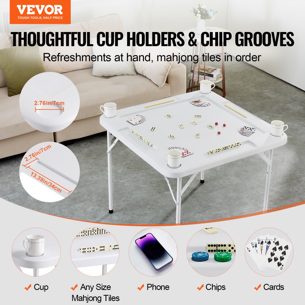 VEVOR Mahjong Table, Square 4 Player Folding Card Table with 4 Cup Holders & 4 Chip Trays, Portable Domino Game Table with 1 Set of Dominoes for Mahjong Poker Puzzles, 35.4 x 35.4-inch, White