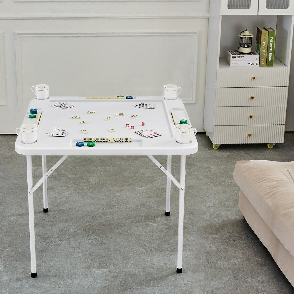 VEVOR Mahjong Table, Square 4 Player Folding Card Table with 4 Cup Holders & 4 Chip Trays, Portable Domino Game Table with 1 Set of Dominoes for Mahjong Poker Puzzles, 35.4 x 35.4-inch, White