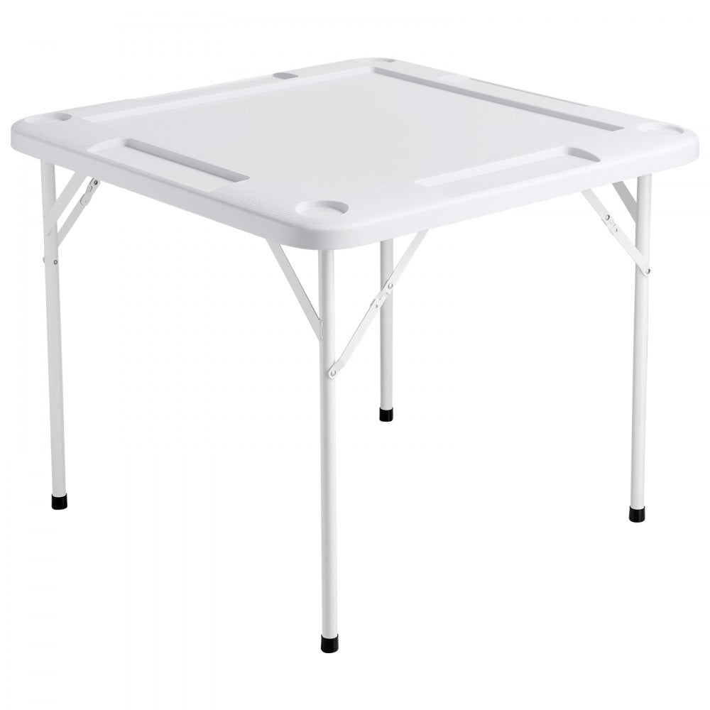 VEVOR Mahjong Table, Square 4 Player Folding Card Table with 4 Cup Holders & 4 Chip Trays, Portable Domino Game Table with 1 Set of Dominoes for Mahjong Poker Puzzles, 35.4 x 35.4-inch, White