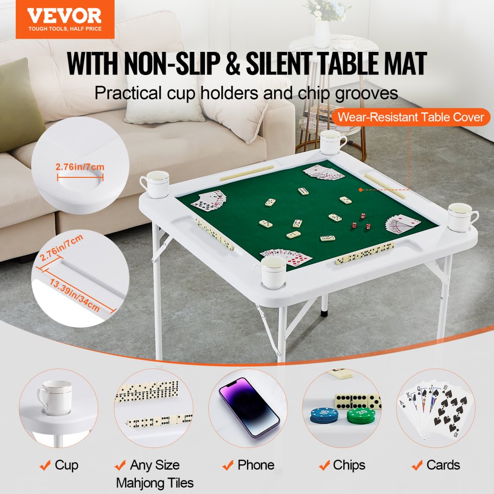 VEVOR Mahjong Table, 4 Player Folding Domino Table with Wear-Resistant Green Tabletop, Portable Square Card Table with 4 Cup Holders & 4 Chip Trays for Mahjong Poker Puzzles, 35.4 x 35.4-inch