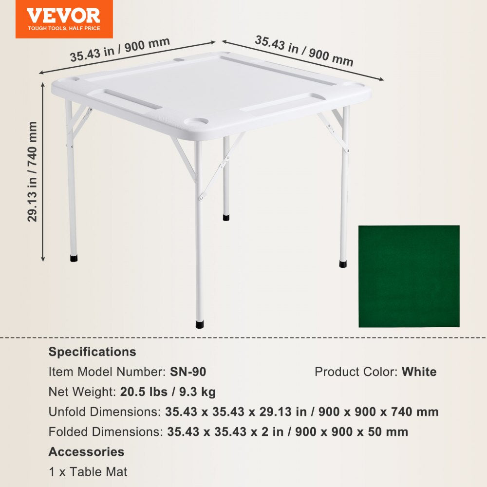 VEVOR Mahjong Table, 4 Player Folding Domino Table with Wear-Resistant Green Tabletop, Portable Square Card Table with 4 Cup Holders & 4 Chip Trays for Mahjong Poker Puzzles, 35.4 x 35.4-inch