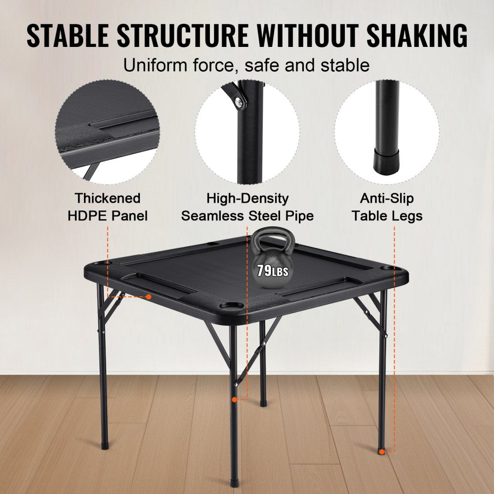 VEVOR Mahjong Table, Square 4 Player Folding Card Table with 4 Cup Holders & 4 Chip Trays, Portable Domino Game Table with 1 Set of Dominoes for Mahjong Poke Puzzles, 35.4 x 35.4-inch, Black