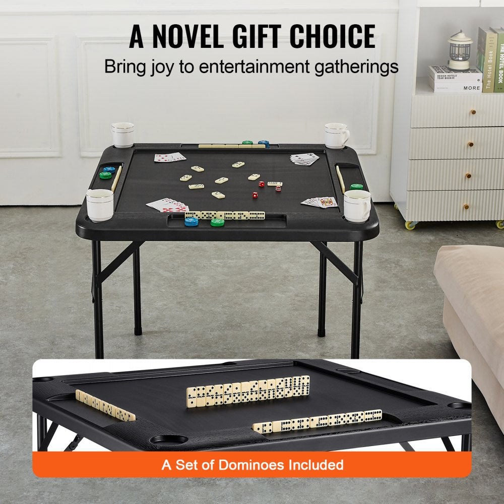 VEVOR Mahjong Table, Square 4 Player Folding Card Table with 4 Cup Holders & 4 Chip Trays, Portable Domino Game Table with 1 Set of Dominoes for Mahjong Poke Puzzles, 35.4 x 35.4-inch, Black