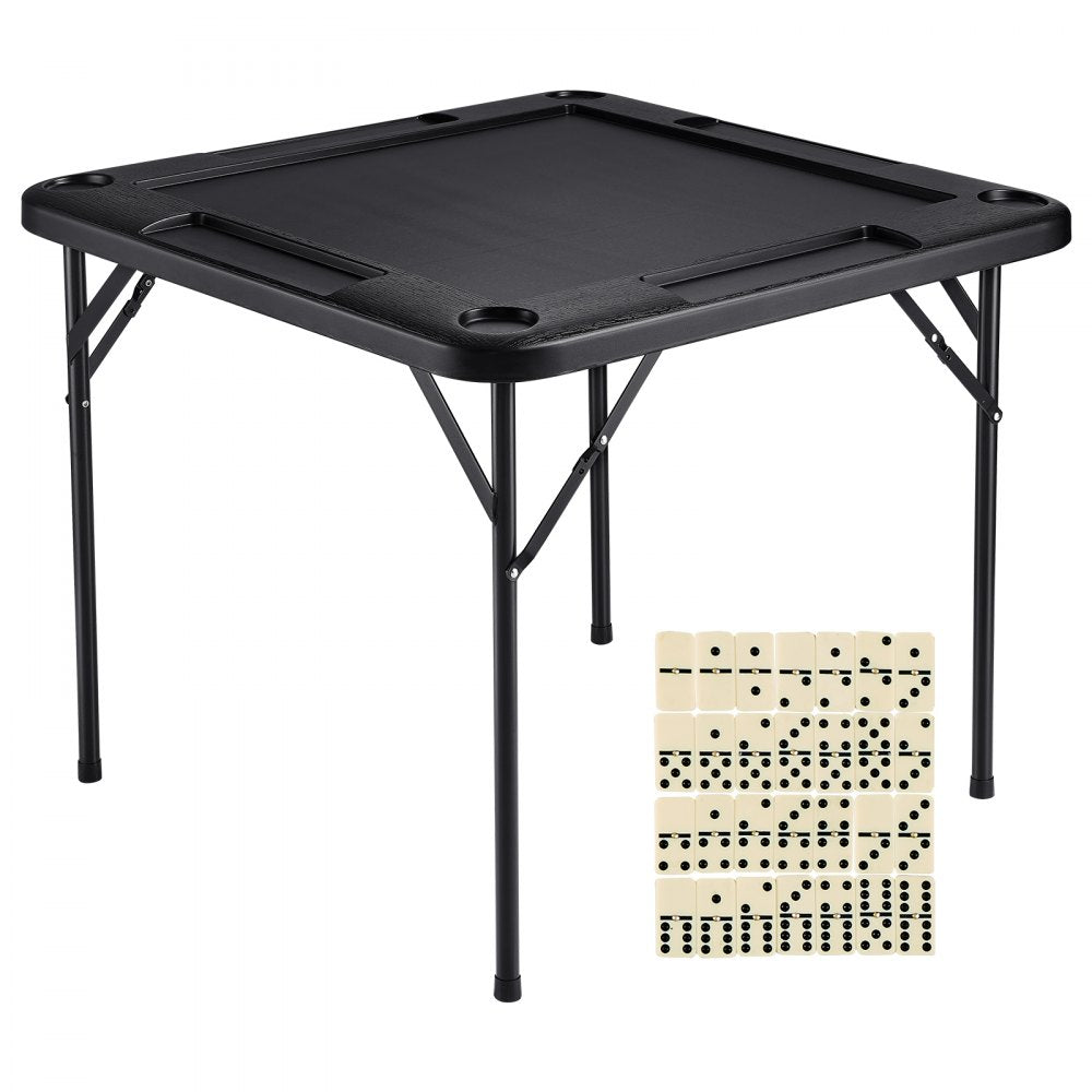 VEVOR Mahjong Table, Square 4 Player Folding Card Table with 4 Cup Holders & 4 Chip Trays, Portable Domino Game Table with 1 Set of Dominoes for Mahjong Poke Puzzles, 35.4 x 35.4-inch, Black