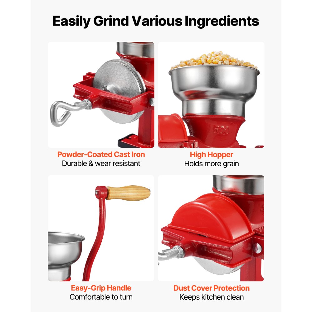 VEVOR Manual Grain Mill with Low Hopper, Hand-Crank Corn Grinder, Heavy Duty Cast Iron Wheat Grinding Mill with Stable Table Clamp & Dust Cover for Grains Spices Coffee Beans Nuts