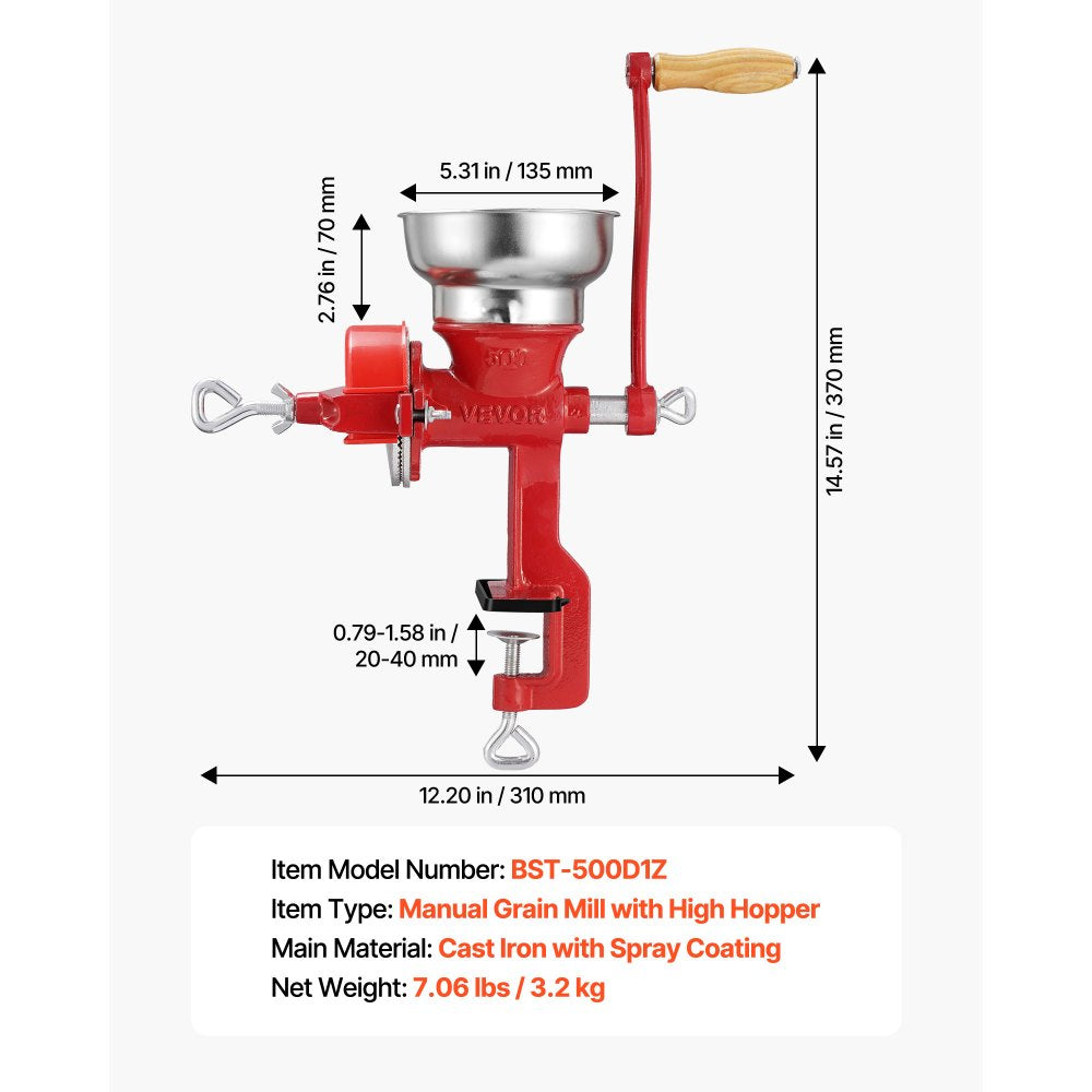VEVOR Manual Grain Mill with Low Hopper, Hand-Crank Corn Grinder, Heavy Duty Cast Iron Wheat Grinding Mill with Stable Table Clamp & Dust Cover for Grains Spices Coffee Beans Nuts