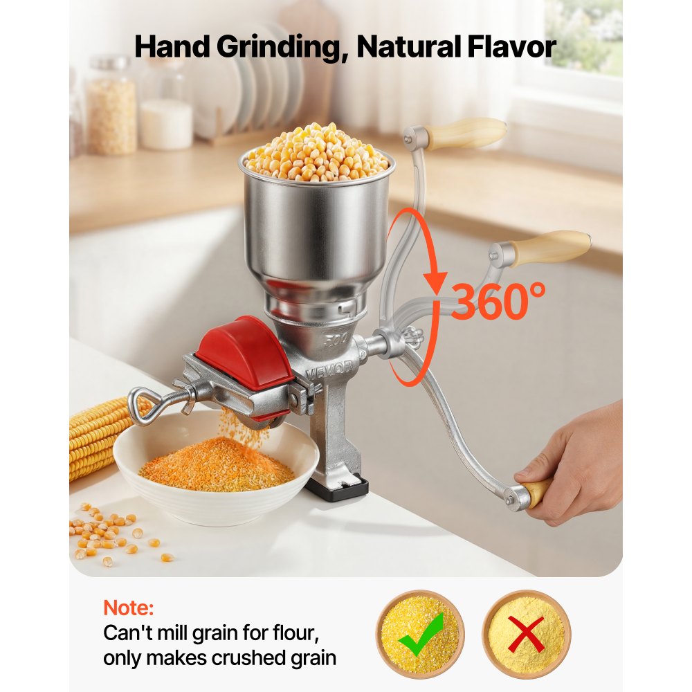 VEVOR Manual Grain Mill with High Hopper, Hand-Crank Corn Grinder, Heavy Duty Cast Iron Wheat Grinding Mill with Stable Table Clamp & Dust Cover for Grains Spices Coffee Beans Nuts