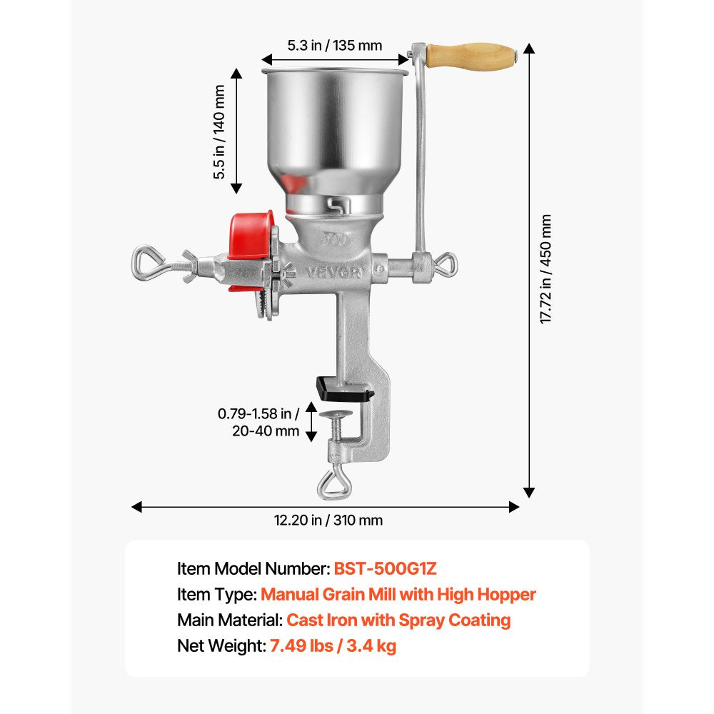 VEVOR Manual Grain Mill with High Hopper, Hand-Crank Corn Grinder, Heavy Duty Cast Iron Wheat Grinding Mill with Stable Table Clamp & Dust Cover for Grains Spices Coffee Beans Nuts