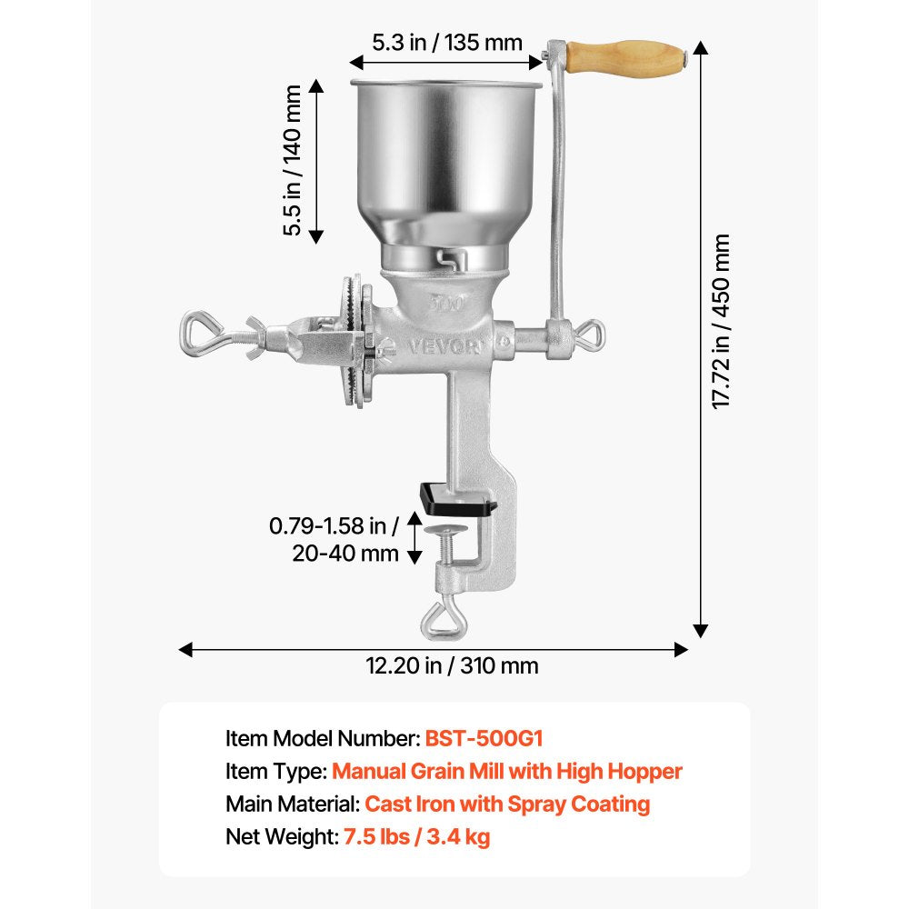 VEVOR Manual Grain Mill with High Hopper, Hand-Crank Corn Grinder, Heavy Duty Cast Iron Wheat Grinding Mill with Stable Table Clamp for Grains Spices Coffee Beans Nuts