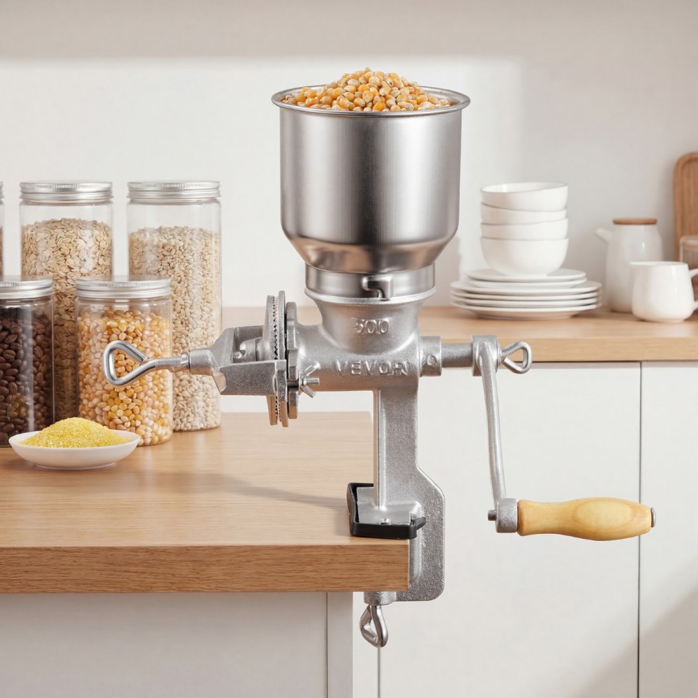 VEVOR Manual Grain Mill with High Hopper, Hand-Crank Corn Grinder, Heavy Duty Cast Iron Wheat Grinding Mill with Stable Table Clamp for Grains Spices Coffee Beans Nuts