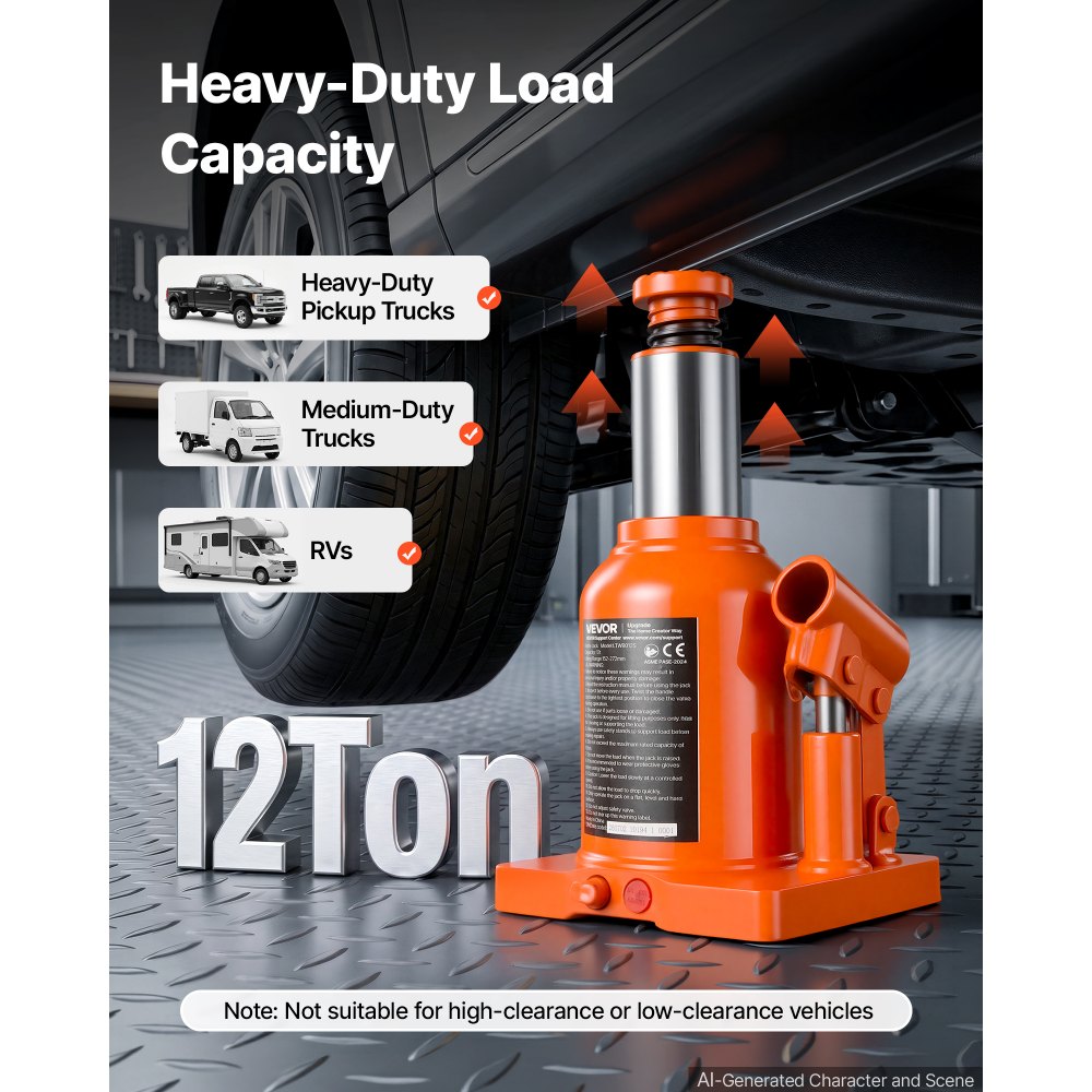 VEVOR Hydraulic Bottle Jack 12 Ton (26455.5 lbs) 5.98"-10.71" Lifting Range, for Heavy-Duty Pickup, Medium-Duty Truck, RV, Auto Repair and House Lift, Welded Jack with 3-Section Long Handle, Orange