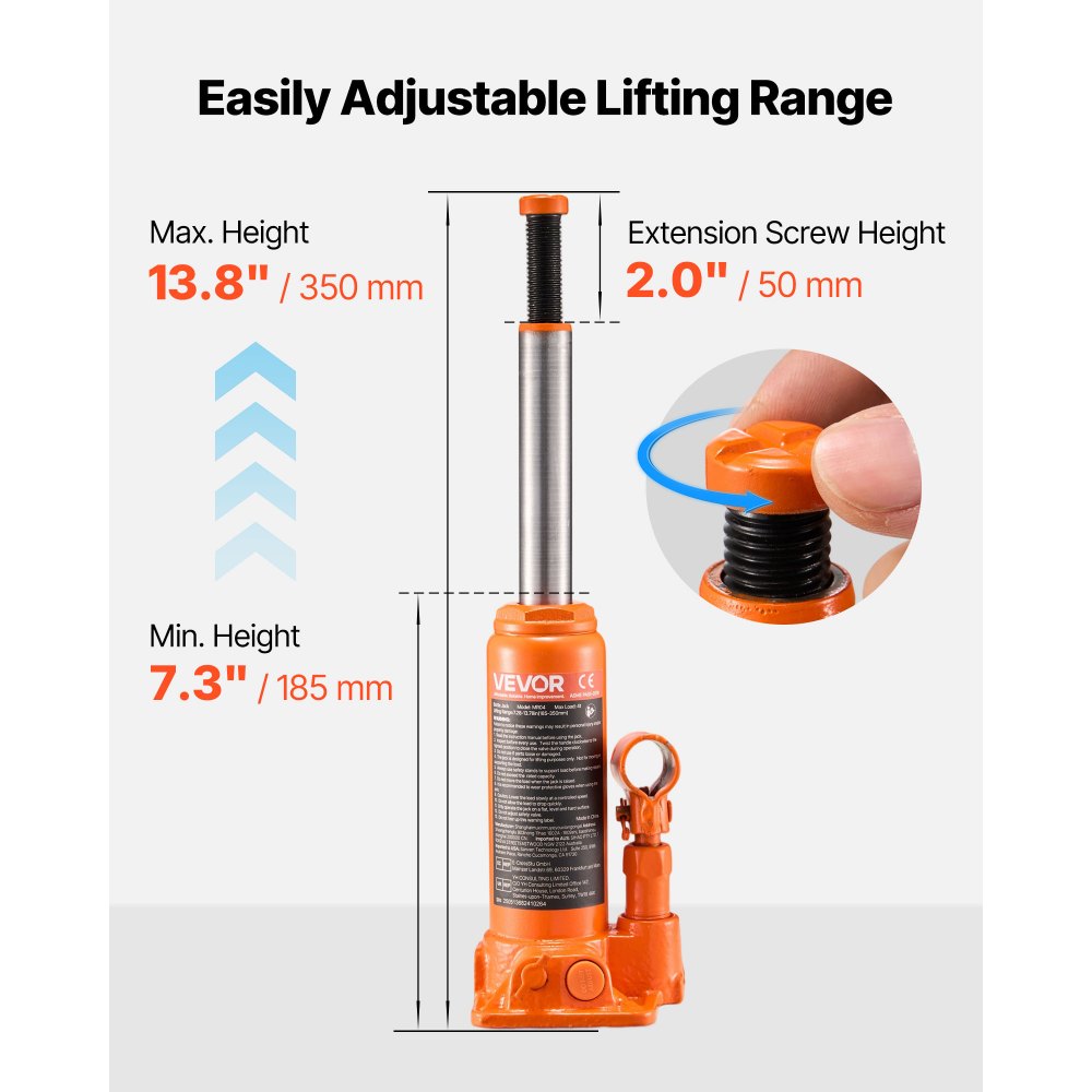 VEVOR Hydraulic Bottle Jack, 4 Ton (8818.4 lbs) Capacity, 7.3-13.8 Inch Lifting Range, Heavy Duty Welded Bottle Jack for Car, SUV, Pickup, Auto Repair, House Lift and Agricultural Equipment, Orange
