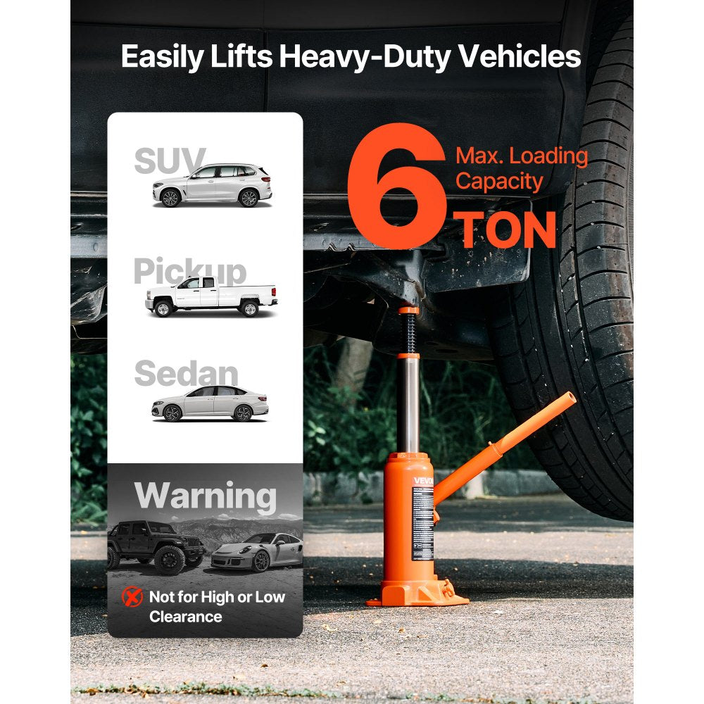 VEVOR Hydraulic Bottle Jack, 6 Ton (13227.6 lbs) Capacity, 7.7-14.8 Inch Lifting Range, Heavy Duty Welded Bottle Jack for Car, SUV, Pickup, Auto Repair, House Lift and Agricultural Equipment, Orange