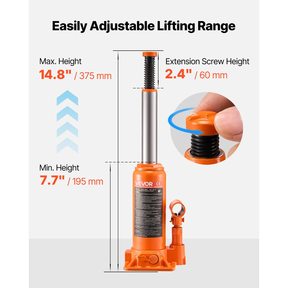 VEVOR Hydraulic Bottle Jack, 6 Ton (13227.6 lbs) Capacity, 7.7-14.8 Inch Lifting Range, Heavy Duty Welded Bottle Jack for Car, SUV, Pickup, Auto Repair, House Lift and Agricultural Equipment, Orange