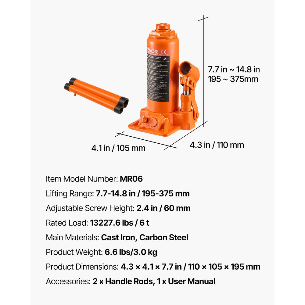 VEVOR Hydraulic Bottle Jack, 6 Ton (13227.6 lbs) Capacity, 7.7-14.8 Inch Lifting Range, Heavy Duty Welded Bottle Jack for Car, SUV, Pickup, Auto Repair, House Lift and Agricultural Equipment, Orange