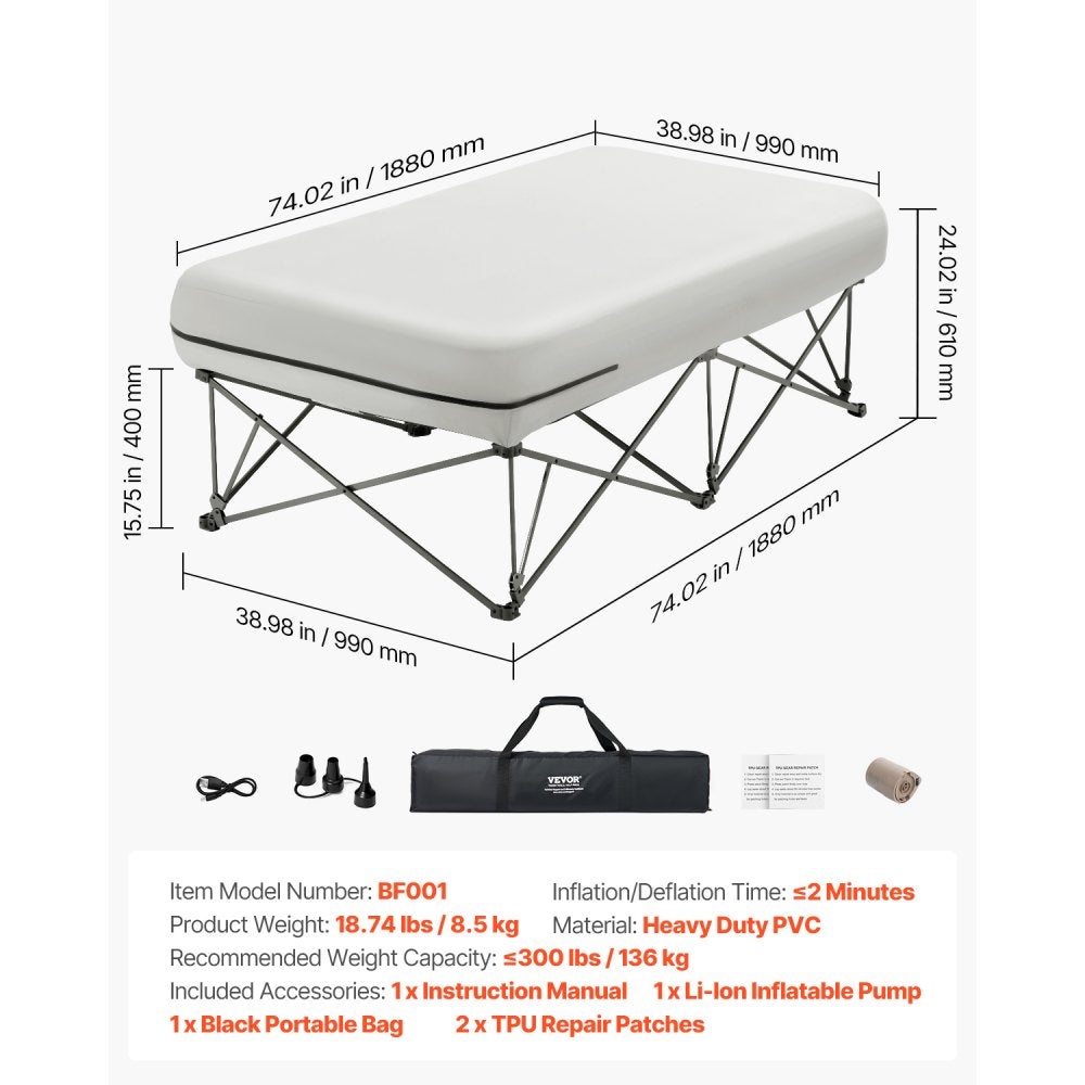 VEVOR Air Mattress Twin with Frame, 1 Person Inflatable Mattress with Pump & Rolling Carry Case, Portable Folding Blow Up Mattress Supports 300lbs, Fast Inflating Air Bed for Home, Guests & Camping