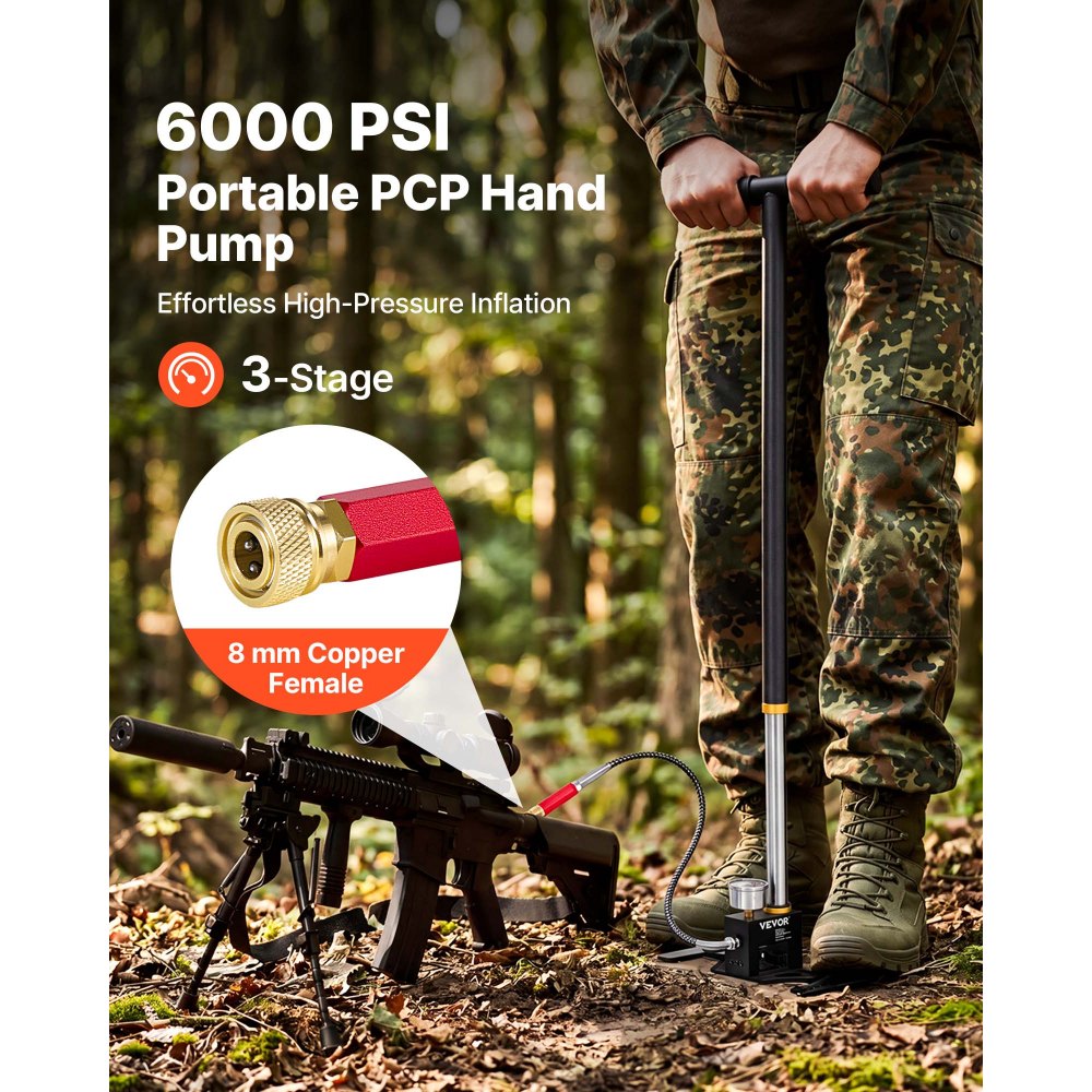 VEVOR PCP Hand Pump, 3 Stage, High Pressure Air Rifle Filling Stirrup Pump, Max 41.37 MPa 6000 PSI, with Oil-Moisture Filter, Pressure Gauge, Stainless Steel Body, for Airguns Paintball Tire Filling