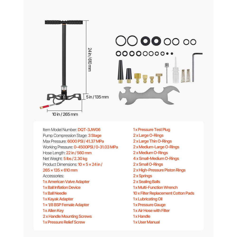 VEVOR PCP Hand Pump, 3 Stage, High Pressure Air Rifle Filling Stirrup Pump, Max 41.37 MPa 6000 PSI, with Oil-Moisture Filter, Pressure Gauge, Stainless Steel Body, for Airguns Paintball Tire Filling