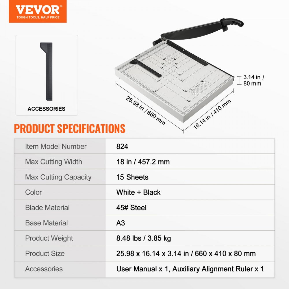 VEVOR Paper Cutter, Guillotine Trimmer, 18" Cut Length, 15 Sheets Capacity, Heavy Duty Guillotine Paper Cutter with Guard Rail/Blade Lock for Cardstock/Cardboard, Paper Trimmer for Home Office School