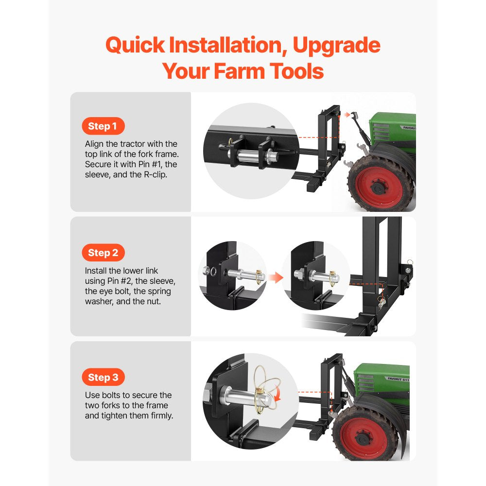 VEVOR 3 Point Hitch Pallet Forks 4000 lbs 50 in Tractor Fork Attachment, Great for Category 1 Tractors, 29-46 in Adjustable Width, Heavy-Duty Reinforced Steel Body, Quick-Attach System, Orange Tips