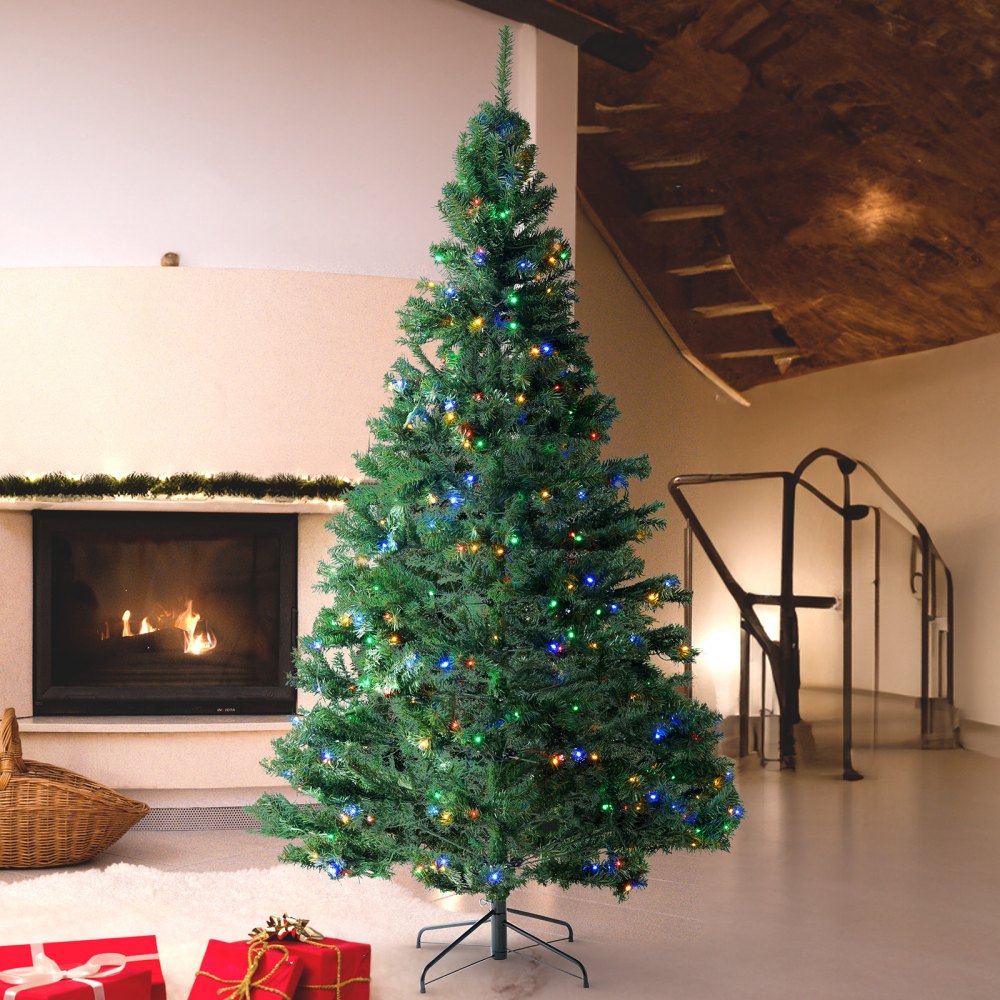 VEVOR Christmas Tree, 7.5ft Prelit Artificial Xmas Tree, Full Holiday Decor Tree with 550 Multi-Color LED Lights, 1346 Branch Tips, Metal Base for Home Party Office Decoration Tested to UL Standards