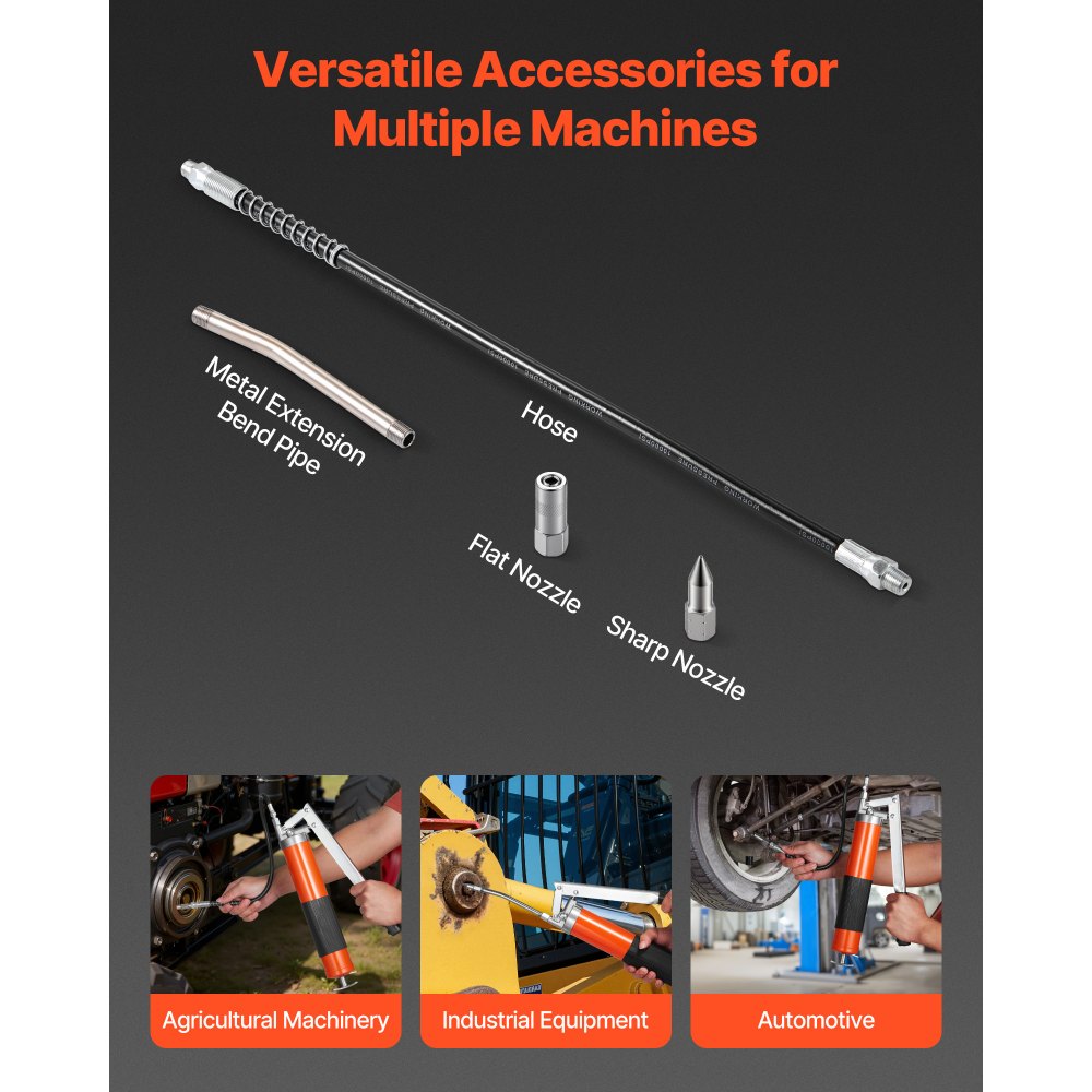 VEVOR Grease Gun, 10000 PSI High Pressure, Heavy Duty Pistol Grip Grease Gun Kit with 14 oz Capacity, Includes 18-Inch Flex Hose, 1 Extension Rigid Pipe and 1 Sharp Type Nozzle for Automotive, Marine