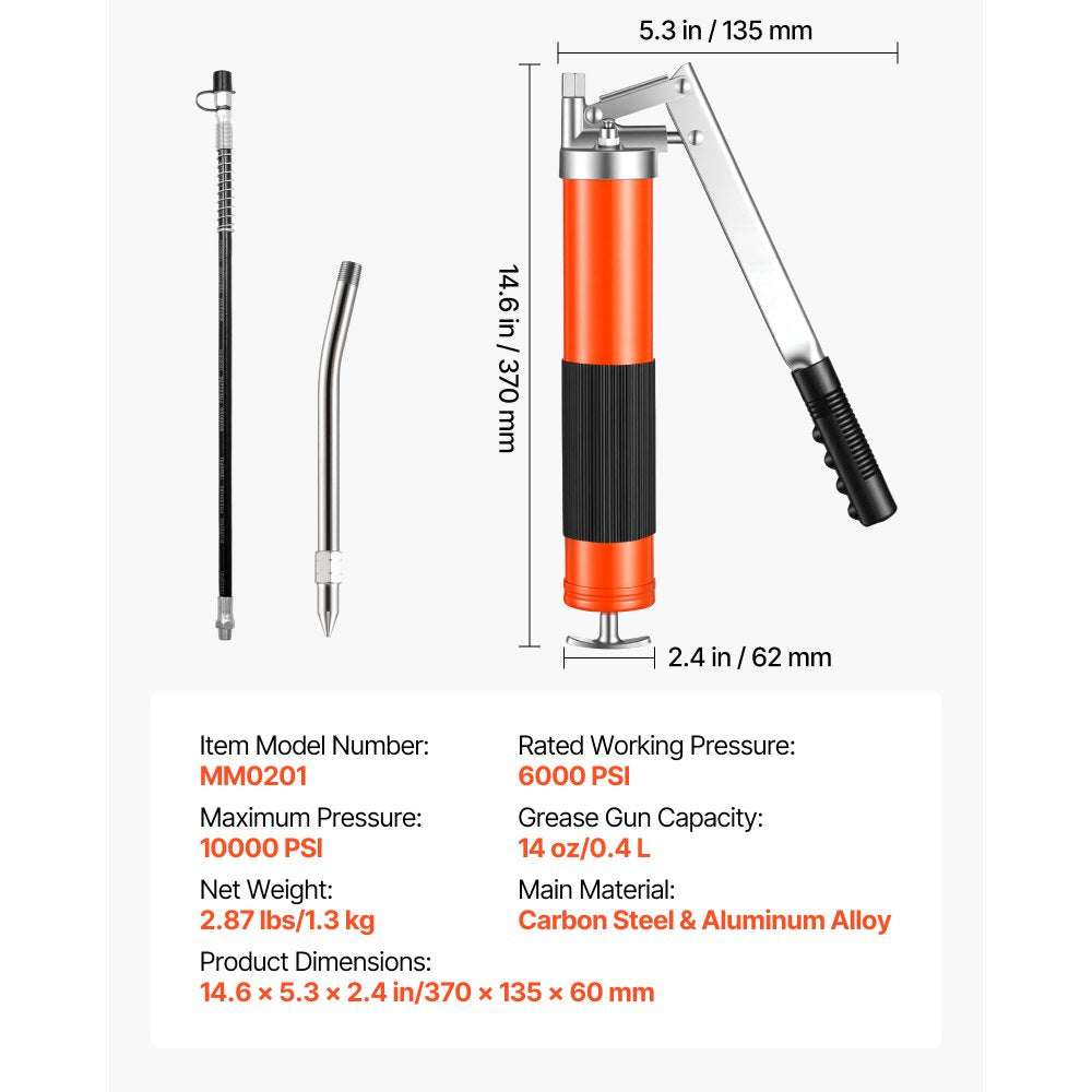 VEVOR Grease Gun, 10000 PSI High Pressure, Heavy Duty Pistol Grip Grease Gun Kit with 14 oz Capacity, Includes 18-Inch Flex Hose, 1 Extension Rigid Pipe and 1 Sharp Type Nozzle for Automotive, Marine