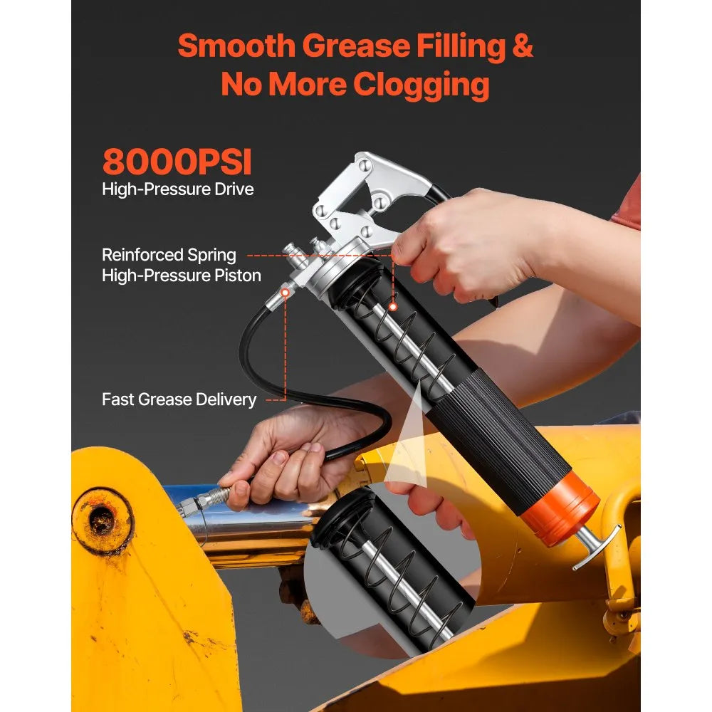 VEVOR Grease Gun, 8000 PSI, Pistol Grip Grease Gun Kit with 14 oz Capacity, Includes 18-Inch Flex Hose, Double Handle Grease Coupler, Extension Rigid Pipe & Sharp Type Nozzle for Automotive, Marine
