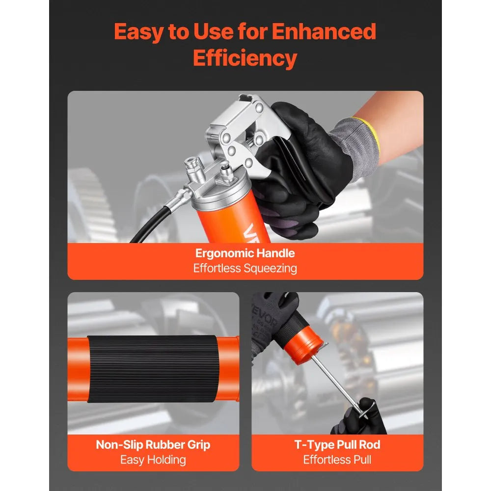 VEVOR Grease Gun, 8000 PSI, Pistol Grip Grease Gun Kit with 14 oz Capacity, Includes 18-Inch Flex Hose, Double Handle Grease Coupler, Extension Rigid Pipe & Sharp Type Nozzle for Automotive, Marine