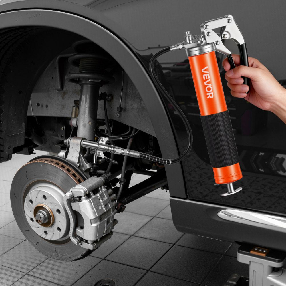 VEVOR Grease Gun, 8000 PSI, Pistol Grip Grease Gun Kit with 14 oz Capacity, Includes 18-Inch Flex Hose, Double Handle Grease Coupler, Extension Rigid Pipe & Sharp Type Nozzle for Automotive, Marine